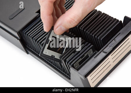 Archiv-Dia-Film im Kasten isoliert auf weißem Hintergrund Stockfoto