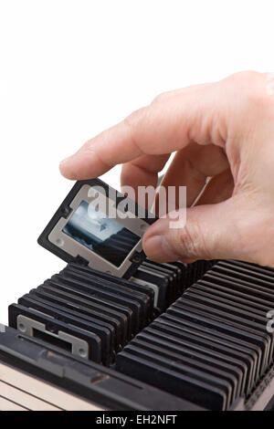 Archiv-Dia-Film im Kasten isoliert auf weißem Hintergrund Stockfoto