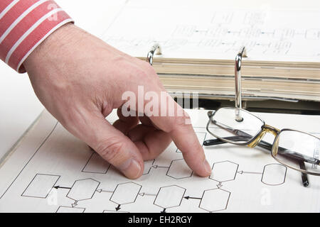 Zeigefinger auf dem Blockdiagramm Stockfoto