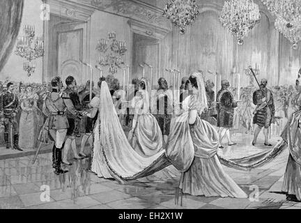 Fackel-Tanz auf der Hochzeit von Prinzessin Margaret von Preußen, Prinz Friedrich Karl von Hessen-Kassel im Stadtschloss Palais in Berlin, Deutschland, Holzschnitt um 1871 Stockfoto