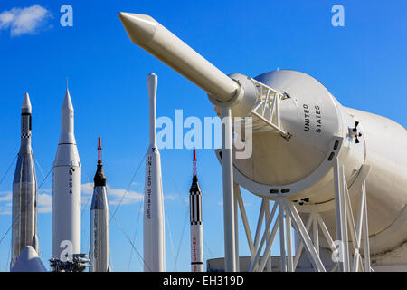 Rocket Garden mit ausgemusterte Interkontinentalraketen innerhalb das NASA Space Center in Cape Canaveral, Florida, USA Stockfoto