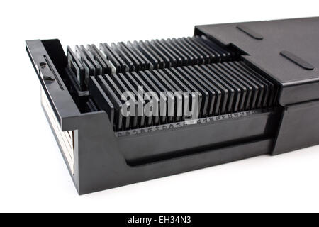 Archiv-Dia-Film im Kasten isoliert auf weißem Hintergrund Stockfoto