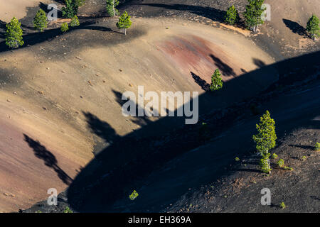 Schatten der Kiefern überqueren den gemalten Dünen, die durch Oxidation von Schlacken und Asche, gesehen von der Felge o gefärbt sind wegweisende Stockfoto