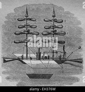 Flugmaschine von Gabriel De La Landelle, 1861, Uhrwerk betriebenen Hubschrauber-Modell, Holzschnitt, historische Gravuren, 1882 Stockfoto