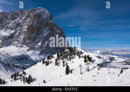 Saslong und Sellagruppe, Val Gardena, Bezirk Bozen, Trentino Alto Adige, Dolomiten, Italien Stockfoto