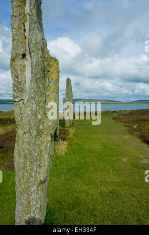 Stenness Stein Kreis Blick auf Orkney Island, Schottland bewölkten Tag Stein hautnah Stockfoto