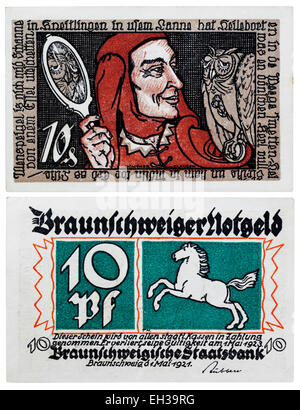 10 Pfennig Notgeld Banknote, Braunschweig, Brunswick, Niedersachsen, Deutschland, 1921 Stockfoto