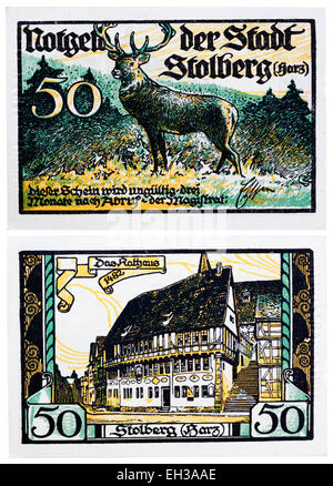50 Pfennig, Notgeld Banknote, Stolberg (Harz), Sachsen-Anhalt, Deutschland, 1921 Stockfoto