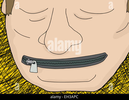 Karikatur von kaukasischen Mann mit Reißverschluss am Mund Nahaufnahme Stockfoto