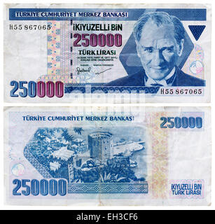 250000 Lira Banknote, Kemal Atatürk und Kizilkale Festung, Türkei, 1997 Stockfoto