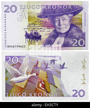 20 Kronen Banknote, Selma Lagerlof, Nils Holgersson fliegt über Scania, Schweden, 2006 Stockfoto