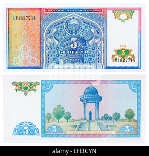 5 Summe Banknote, Alisher Navoi Rotunde Denkmal in Taschkent, Usbekistan, 1994 Stockfoto