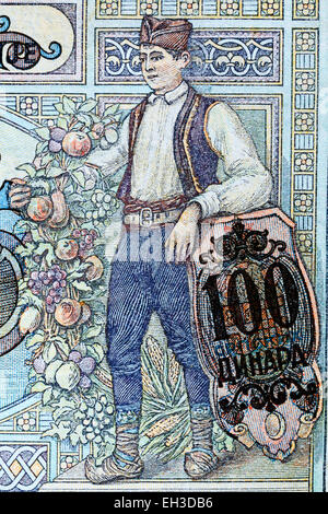 Junge mit Früchten aus 100 Dinara Banknote, Serbien, 1941 Stockfoto