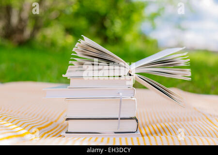 Stapel Bücher mit einem geöffneten Buch über Natur Hintergrund