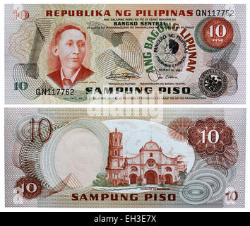 10 Piso Banknote Apolinario Mabini, Barasoain Kirche, Philippinen, 1981 Stockfoto
