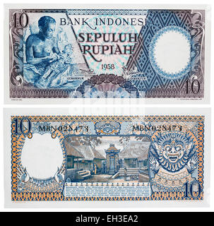 10 Rupien-Banknote, Holzschnitzer Bali, Indonesien, 1958 Stockfoto