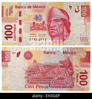 100 Pesos Banknote, Nezahualcoyotl, Tenochtitlan Tempel, Mexiko, 2009 Stockfoto