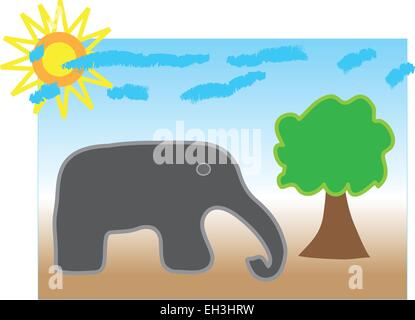 Fütterung Elefant im Dessert unter gelber Sonne. Stock Vektor