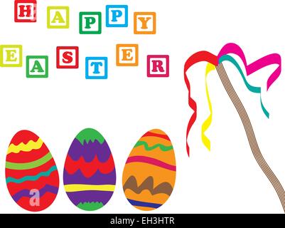 Ostern farbigen Eiern mit Wicker mit Bändern. Stock Vektor