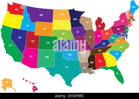 Farbe-USA-Karte mit Staaten und Grenzen. Stock Vektor