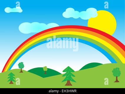 Sommer Landschaft mit Regenbogen und Sonne. Stock Vektor