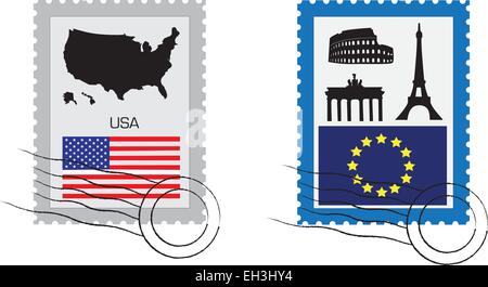 Briefmarken mit Fahnen und Symbole der USA und die Europäische Union. Stock Vektor