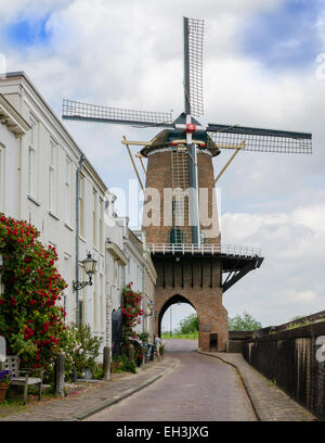 Mühle-Rijn En Lek in der Stadt von Wijk Bij Duurstede mit einer Ziegel Bürgersteig Straße und rote Rosen. Stockfoto