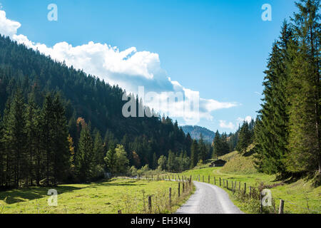 Berglandschaft mit Almhütte, Tal der Valepp Spitzingsee, Bayern, Deutschland Stockfoto