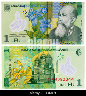 1 Lei Banknote, Nicolae Iorga, Kathedrale von Curtea de Arges Kloster, Rumänien, 2005 Stockfoto