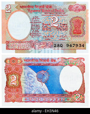 2 Rupien-Banknote, Satelliten, Indien, 1987 Stockfoto