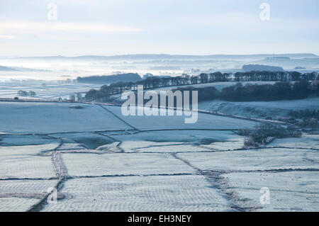 Mattierte Felder in der Nähe von Perryfoot im Peak District, Derbyshire. Frühen Wintermorgen mit Dunst in der Ferne. Stockfoto