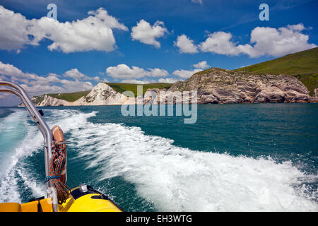 Eine rasante RIB-Fahrt von Lulworth zu Durdle Door auf der Jurassic Coast, Dorset, England, UK Stockfoto