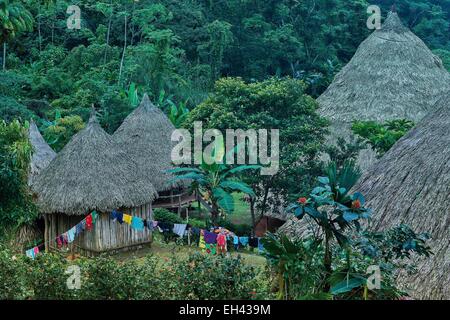 Panama, Darien Provinz Darien-Nationalpark von der UNESCO als Welterbe gelistet, Embera Indianergemeinde, traditionelles Dorf Embera in einer tropischen Umgebung mit üppiger vegetation Stockfoto