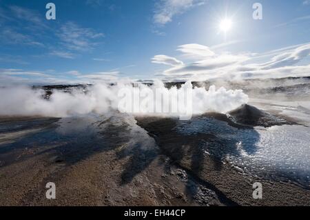 Island, Nordurland Vestra Region, Hveravellir, Fumarole auf eine Konkretisierung der geyserite Stockfoto