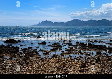 Frankreich, Alpes Maritimes, Lerins Inseln, Segelboot aus der Insel Sainte-Marguerite und das Esterel-Gebirge im Hintergrund Stockfoto