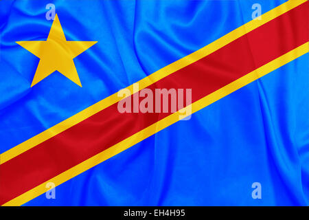 Demokratische Republik Kongo - wehende Nationalflagge auf Seide Textur Stockfoto
