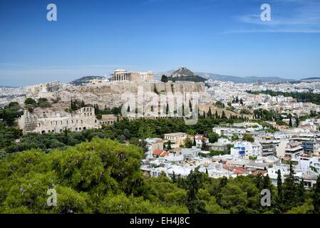 Griechenland, Attika, Athen, Überblick über Athen und die Akropolis aufgeführt, Weltkulturerbe der UNESCO vom Philopappos-Hügel aus gesehen Stockfoto