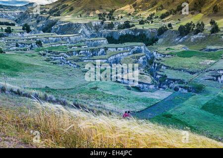 Ecuador, Cotopaxi, Zumbahua, zwei Bauern in den Anden Berglandschaft von Ebenen und Schluchten mit einem Getreidefeld im Vordergrund Stockfoto