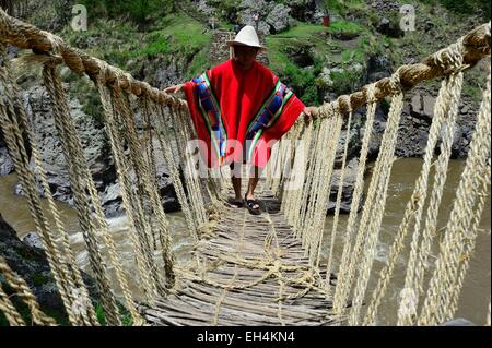 Peru, Cuzco Provinz, Qewaschaka (Keshwa Chaca), Inka-Seil-Brücke im Jahr 2013 auf die repräsentative Liste des immateriellen kulturellen Erbe der UNESCO, die Brücke überspannt, dem Apurimac wird jedes Jahr im Juni von Dorfbewohnern ersetzt, eingeschrieben Stockfoto