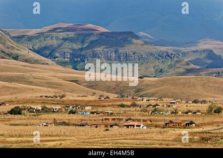 UKhahlamba Park, der als Weltkulturerbe von UNESCO, Cathedral Peak Valley, Zulu-Dorf, Drakensberge, Kwazulu Natal, Südafrika Stockfoto