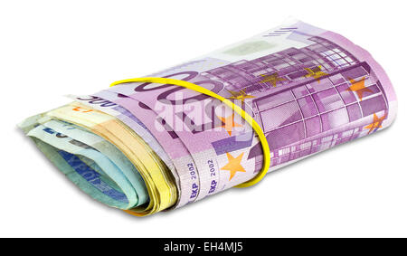 Haufen Scroll von Euro-Banknoten auf einem weißen Hintergrund isoliert Stockfoto