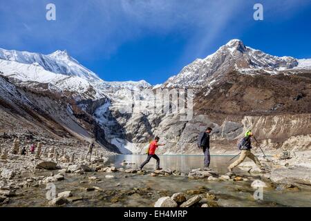 Nepal, Gandaki Zone, Manaslu Circuit, zwischen Samagaon und Samdo, See Birendra (alt.3450m) am unteren Rand der Manaslu Gletscher, Berg Manaslu (alt.8156m) im Hintergrund Stockfoto