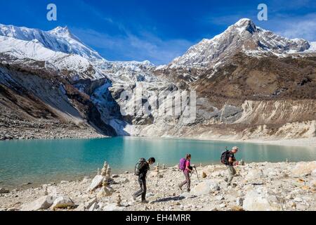 Nepal, Gandaki Zone, Manaslu Circuit, zwischen Samagaon und Samdo, See Birendra (alt.3450m) am unteren Rand der Manaslu Gletscher, Berg Manaslu (alt.8156m) im Hintergrund Stockfoto