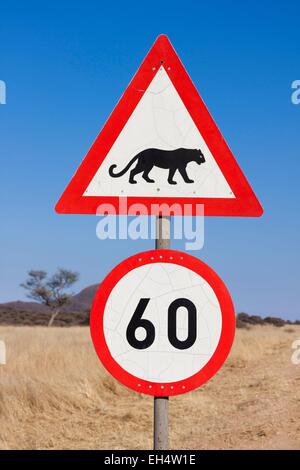 Namibia, Otjozondjupa Region, Okonjima Reserve, Roadsign, die auf das Vorhandensein von Leoparden Stockfoto