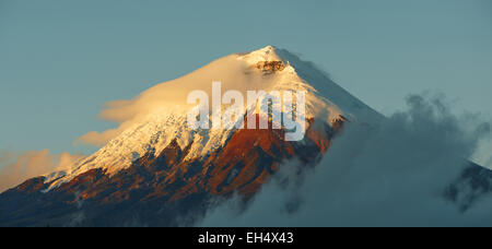 Ecuador, Cotopaxi, Cotopaxi Nationalpark, schneebedeckten Vulkan Cotopaxi bei bewölktem Himmel bei Sonnenaufgang Stockfoto