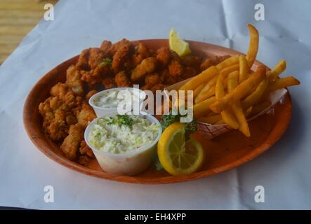 Leckeren gebratenen Muscheln mit Pommes Frites und tarter sauce Stockfoto