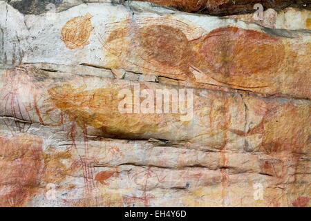 Australien, Northern Territory, Kakadu-Nationalpark, Weltkulturerbe von UNESCO, Ubirr, Felsenbauten Aborigines Malerei Stockfoto