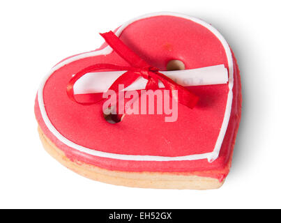 Cookies-Herz mit Hinweis auf weißen Hintergrund isoliert Stockfoto