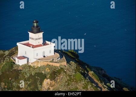 Frankreich, Corse du Sud, Golf von Ajaccio, Parata Punkt, Naturschutzgebiet Sanguinary Inseln, Mezzu Mare, Sanguinary Inseln Leuchtturm (Luftbild) Stockfoto