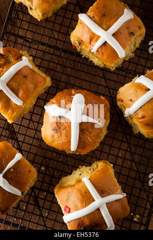 Hausgemachte Hot Cross Buns bereit für Ostern Stockfoto